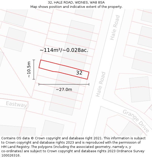 32, HALE ROAD, WIDNES, WA8 8SA: Plot and title map