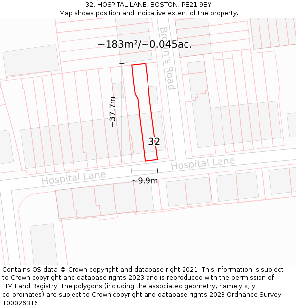 32, HOSPITAL LANE, BOSTON, PE21 9BY: Plot and title map