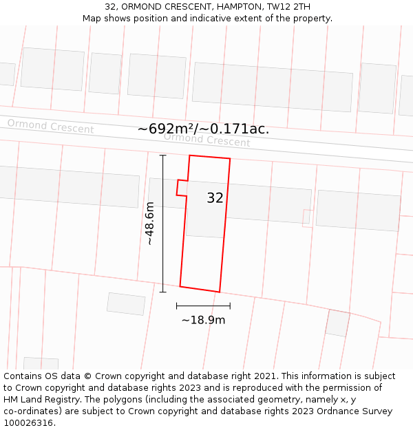32, ORMOND CRESCENT, HAMPTON, TW12 2TH: Plot and title map