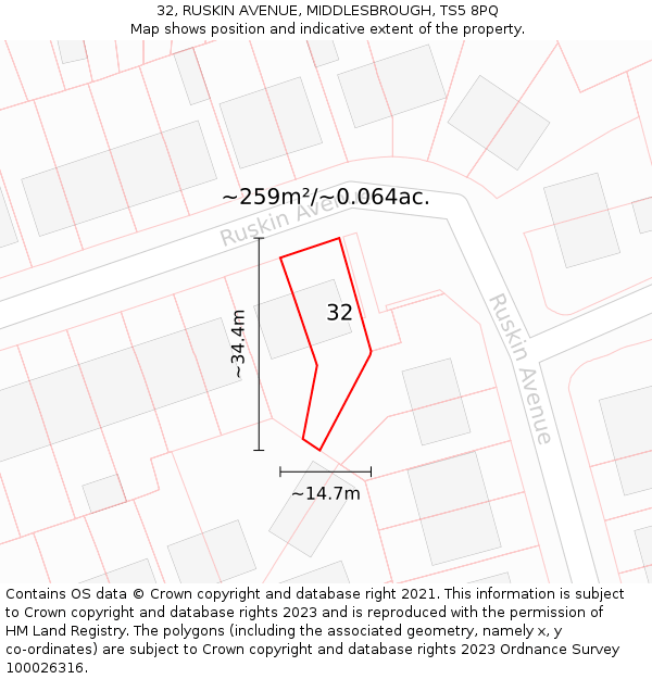 32, RUSKIN AVENUE, MIDDLESBROUGH, TS5 8PQ: Plot and title map