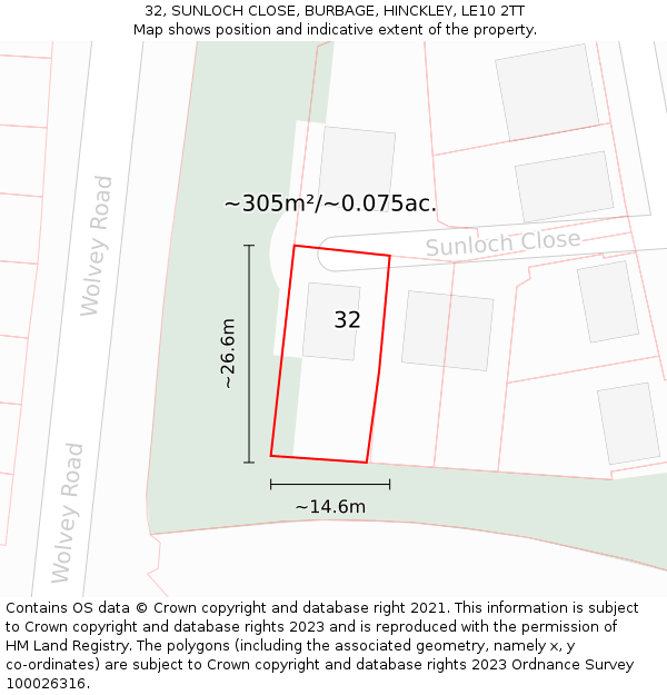 32, SUNLOCH CLOSE, BURBAGE, HINCKLEY, LE10 2TT: Plot and title map