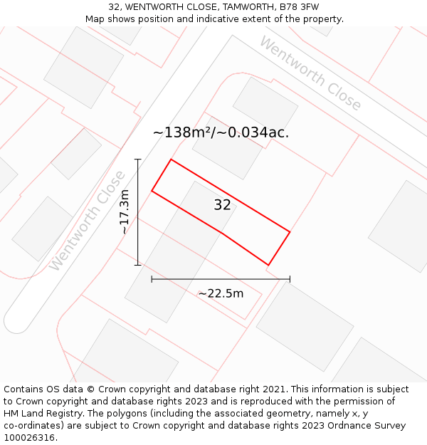 32, WENTWORTH CLOSE, TAMWORTH, B78 3FW: Plot and title map