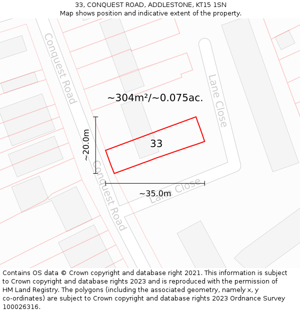 33, CONQUEST ROAD, ADDLESTONE, KT15 1SN: Plot and title map
