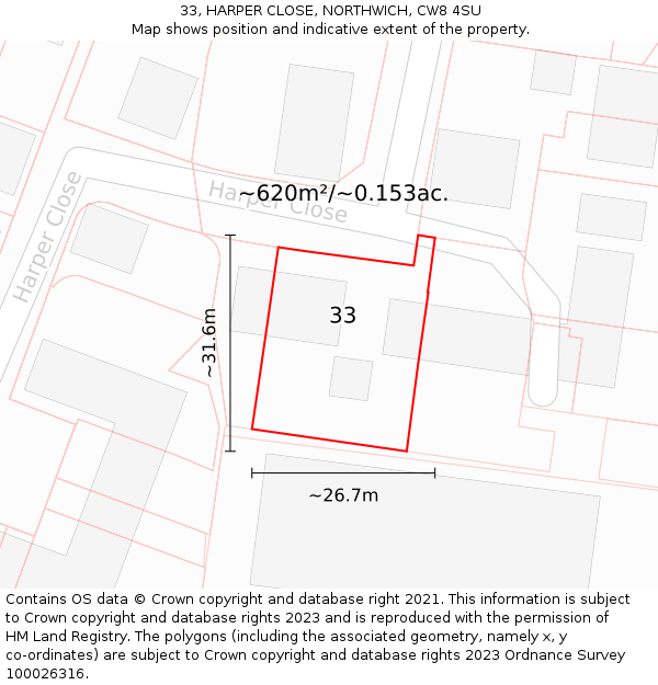 33, HARPER CLOSE, NORTHWICH, CW8 4SU: Plot and title map
