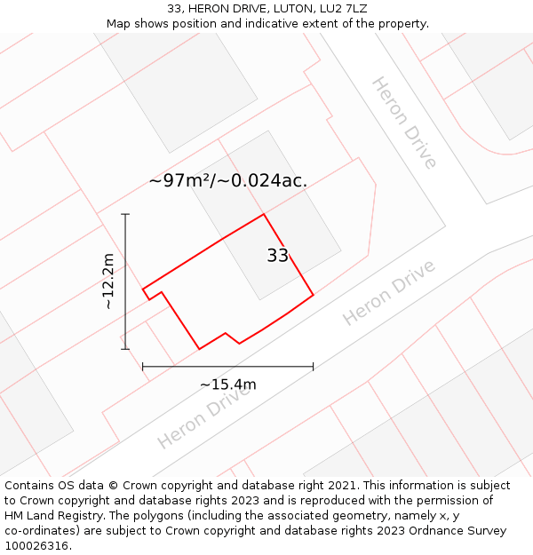 33, HERON DRIVE, LUTON, LU2 7LZ: Plot and title map