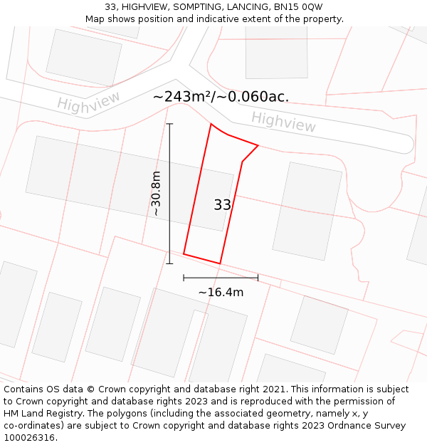 33, HIGHVIEW, SOMPTING, LANCING, BN15 0QW: Plot and title map