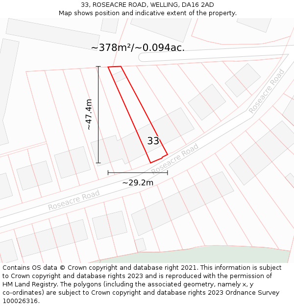 33, ROSEACRE ROAD, WELLING, DA16 2AD: Plot and title map