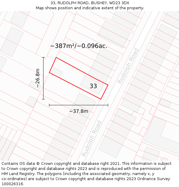 33, RUDOLPH ROAD, BUSHEY, WD23 3DX: Plot and title map