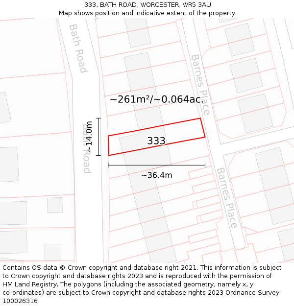 333, BATH ROAD, WORCESTER, WR5 3AU: Plot and title map