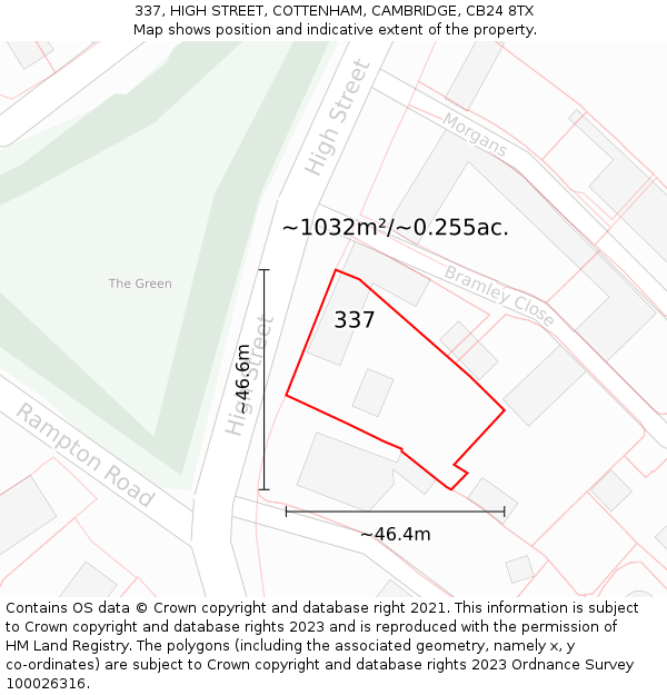 337, HIGH STREET, COTTENHAM, CAMBRIDGE, CB24 8TX: Plot and title map