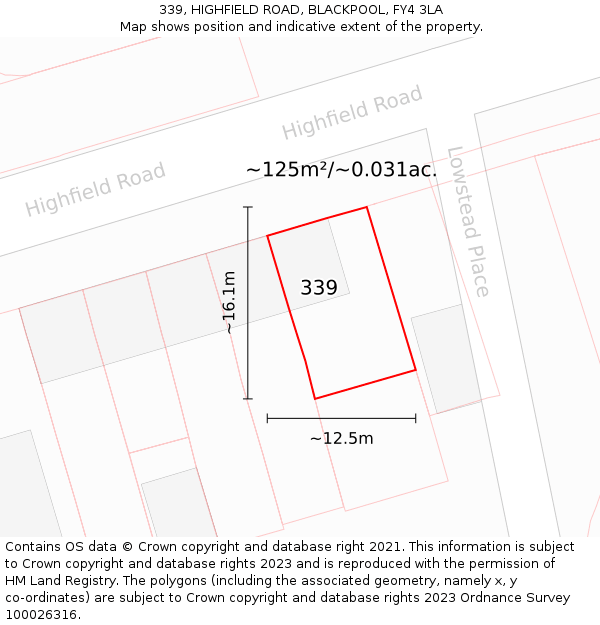 339, HIGHFIELD ROAD, BLACKPOOL, FY4 3LA: Plot and title map