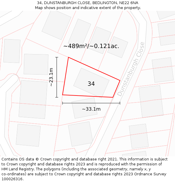 34, DUNSTANBURGH CLOSE, BEDLINGTON, NE22 6NA: Plot and title map