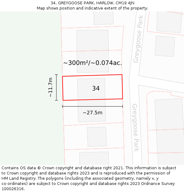 34, GREYGOOSE PARK, HARLOW, CM19 4JN: Plot and title map