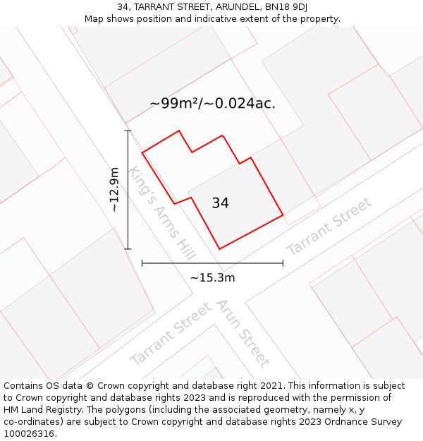 34, TARRANT STREET, ARUNDEL, BN18 9DJ: Plot and title map