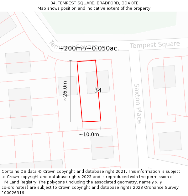 34, TEMPEST SQUARE, BRADFORD, BD4 0FE: Plot and title map