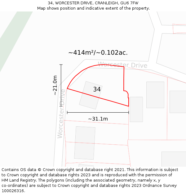 34, WORCESTER DRIVE, CRANLEIGH, GU6 7FW: Plot and title map