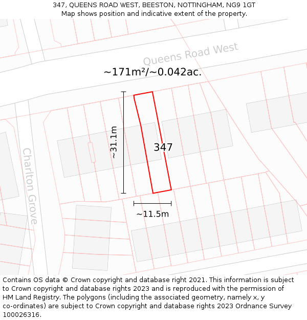 347, QUEENS ROAD WEST, BEESTON, NOTTINGHAM, NG9 1GT: Plot and title map