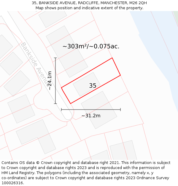 35, BANKSIDE AVENUE, RADCLIFFE, MANCHESTER, M26 2QH: Plot and title map