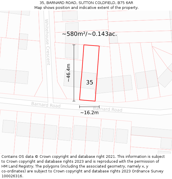 35, BARNARD ROAD, SUTTON COLDFIELD, B75 6AR: Plot and title map