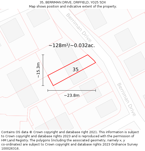 35, BERRIMAN DRIVE, DRIFFIELD, YO25 5DX: Plot and title map