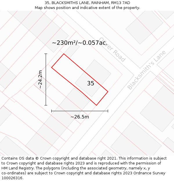 35, BLACKSMITHS LANE, RAINHAM, RM13 7AD: Plot and title map