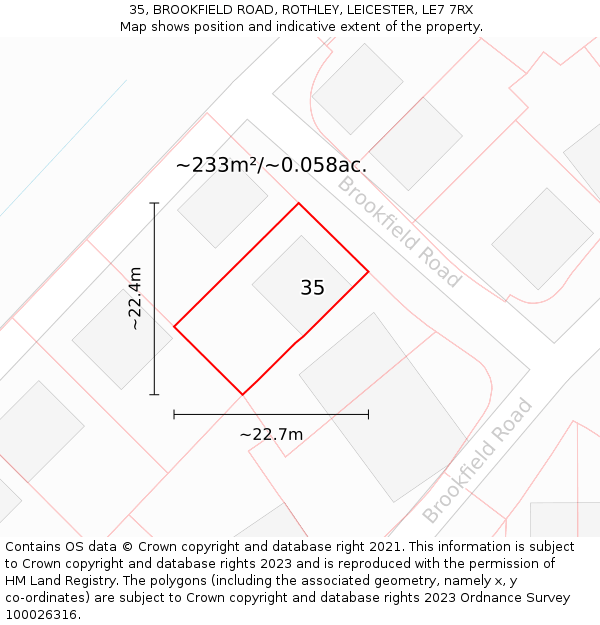 35, BROOKFIELD ROAD, ROTHLEY, LEICESTER, LE7 7RX: Plot and title map