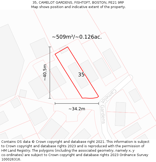 35, CAMELOT GARDENS, FISHTOFT, BOSTON, PE21 9RP: Plot and title map