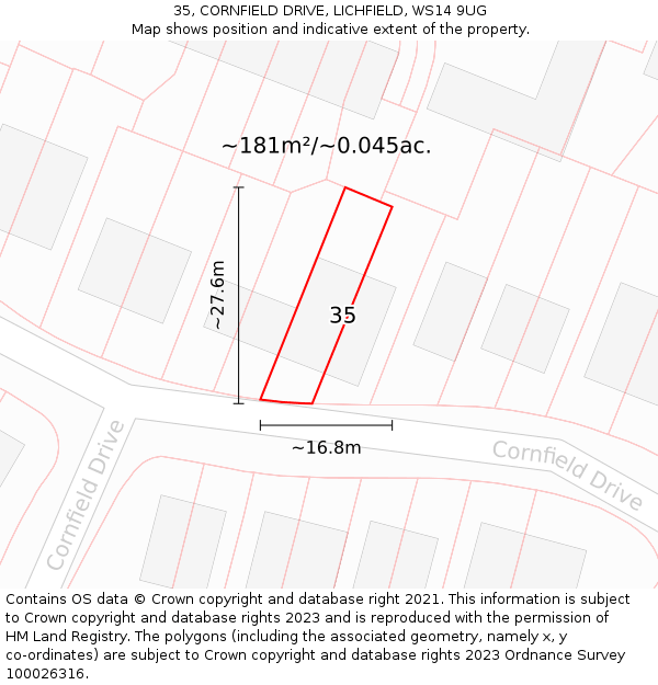 35, CORNFIELD DRIVE, LICHFIELD, WS14 9UG: Plot and title map