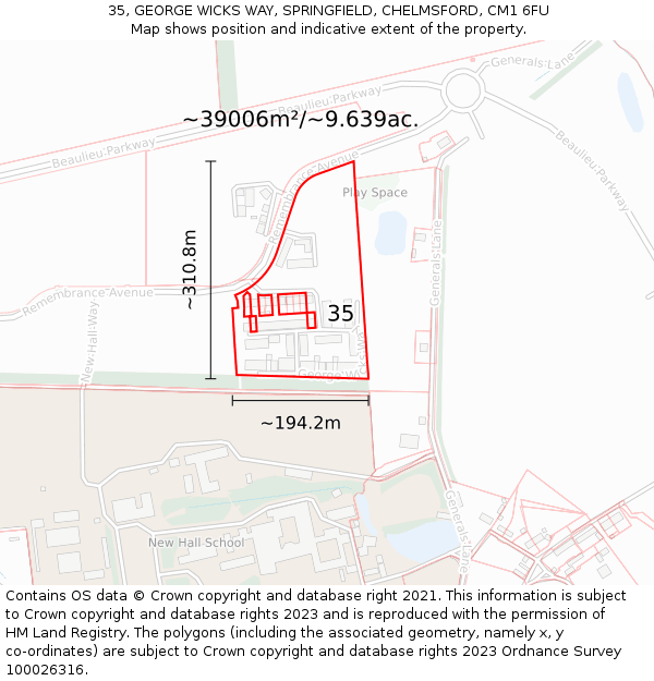 35, GEORGE WICKS WAY, SPRINGFIELD, CHELMSFORD, CM1 6FU: Plot and title map
