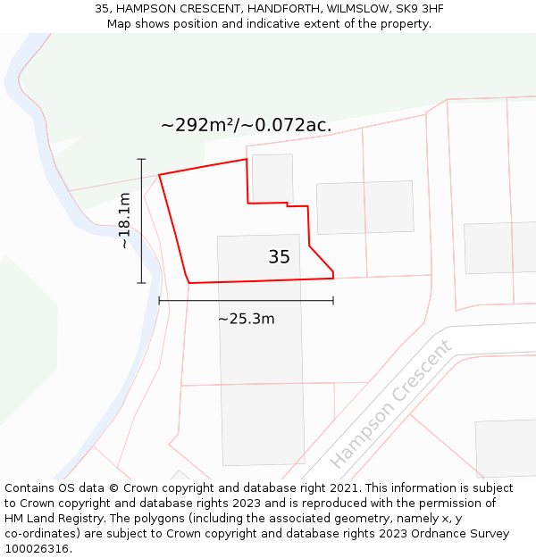 35, HAMPSON CRESCENT, HANDFORTH, WILMSLOW, SK9 3HF: Plot and title map