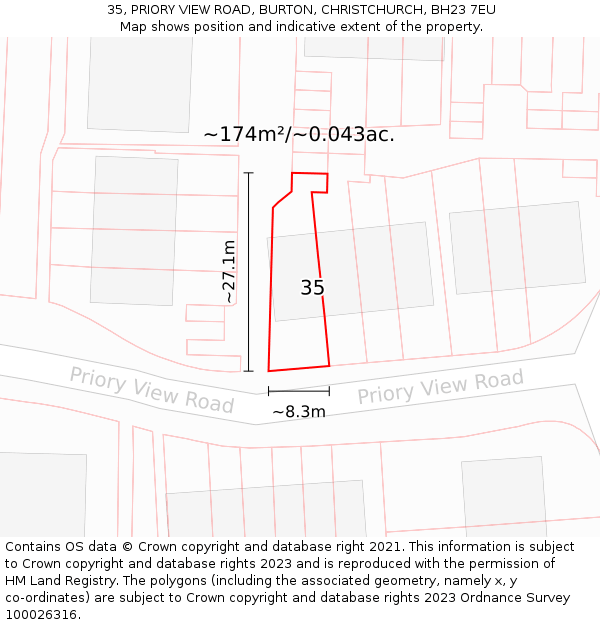 35, PRIORY VIEW ROAD, BURTON, CHRISTCHURCH, BH23 7EU: Plot and title map