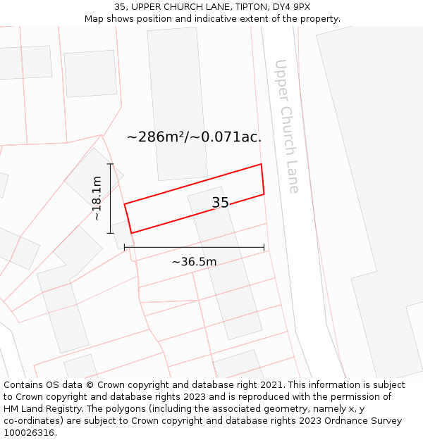 35, UPPER CHURCH LANE, TIPTON, DY4 9PX: Plot and title map