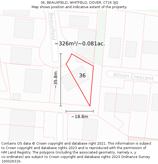 36, BEAUXFIELD, WHITFIELD, DOVER, CT16 3JQ: Plot and title map