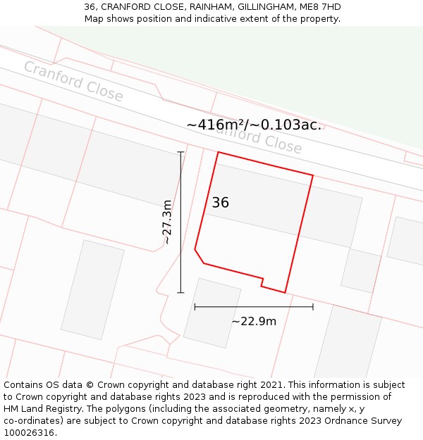 36, CRANFORD CLOSE, RAINHAM, GILLINGHAM, ME8 7HD: Plot and title map