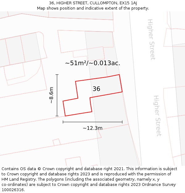 36, HIGHER STREET, CULLOMPTON, EX15 1AJ: Plot and title map