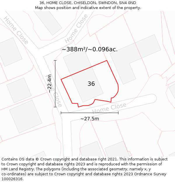 36, HOME CLOSE, CHISELDON, SWINDON, SN4 0ND: Plot and title map