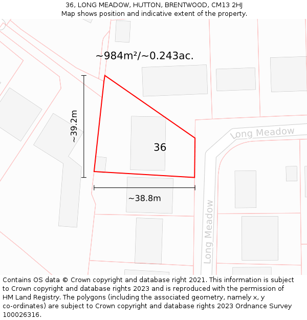 36, LONG MEADOW, HUTTON, BRENTWOOD, CM13 2HJ: Plot and title map