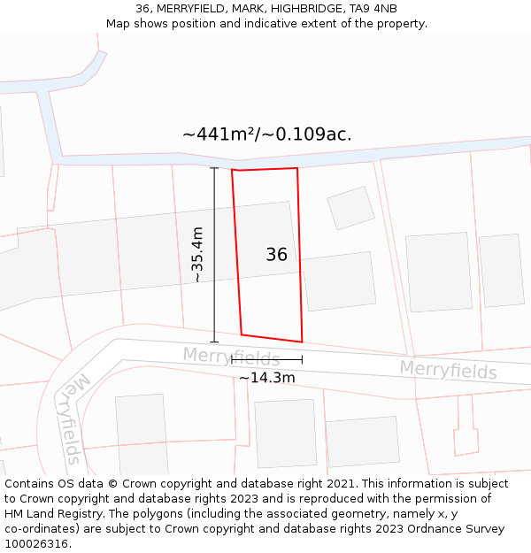 36, MERRYFIELD, MARK, HIGHBRIDGE, TA9 4NB: Plot and title map