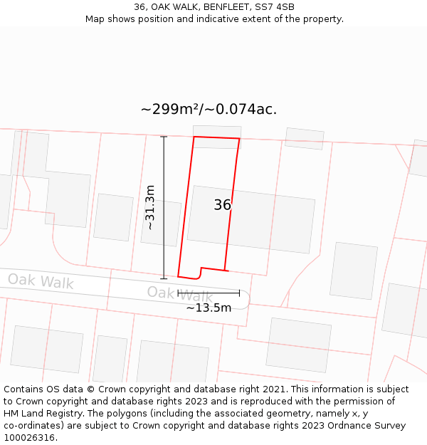36, OAK WALK, BENFLEET, SS7 4SB: Plot and title map