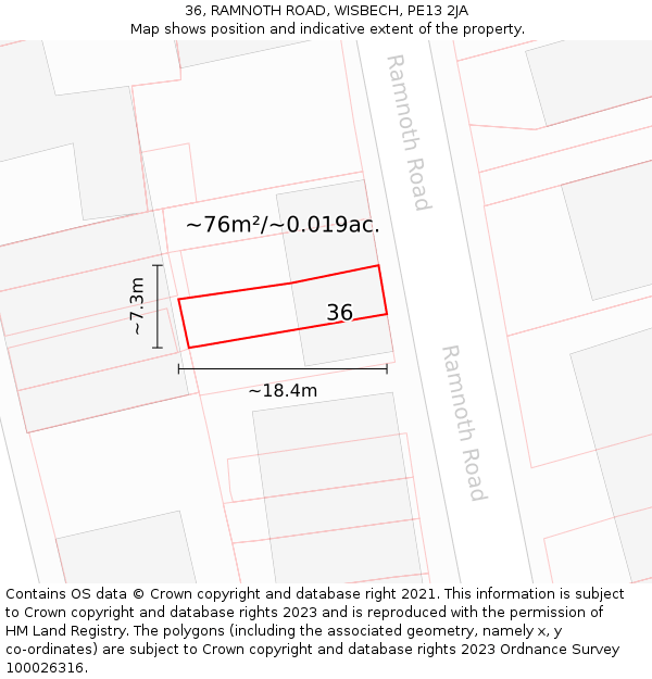 36, RAMNOTH ROAD, WISBECH, PE13 2JA: Plot and title map