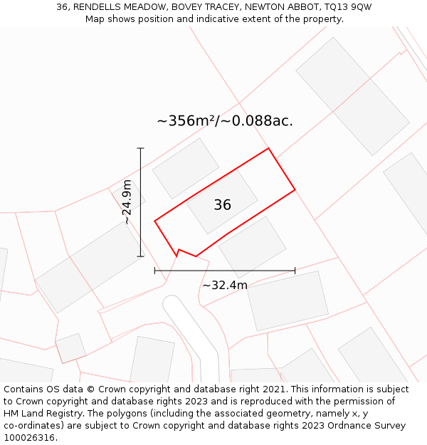 36, RENDELLS MEADOW, BOVEY TRACEY, NEWTON ABBOT, TQ13 9QW: Plot and title map