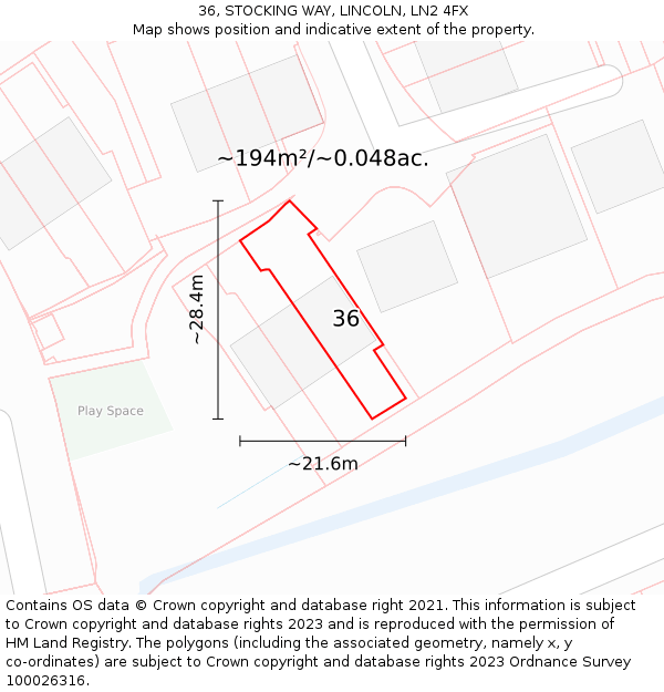 36, STOCKING WAY, LINCOLN, LN2 4FX: Plot and title map