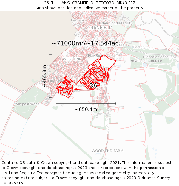 36, THILLANS, CRANFIELD, BEDFORD, MK43 0FZ: Plot and title map