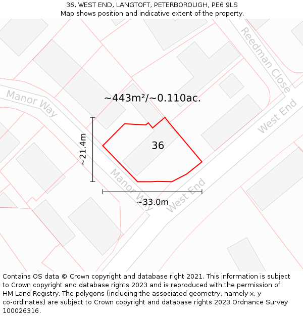 36, WEST END, LANGTOFT, PETERBOROUGH, PE6 9LS: Plot and title map