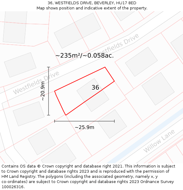 36, WESTFIELDS DRIVE, BEVERLEY, HU17 8ED: Plot and title map