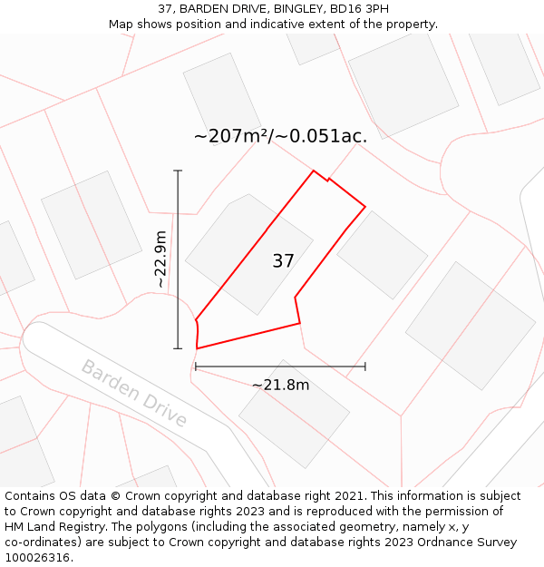 37, BARDEN DRIVE, BINGLEY, BD16 3PH: Plot and title map