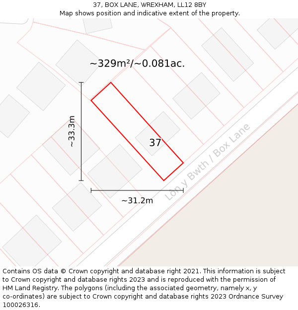 37, BOX LANE, WREXHAM, LL12 8BY: Plot and title map
