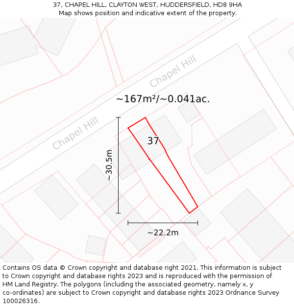 37, CHAPEL HILL, CLAYTON WEST, HUDDERSFIELD, HD8 9HA: Plot and title map