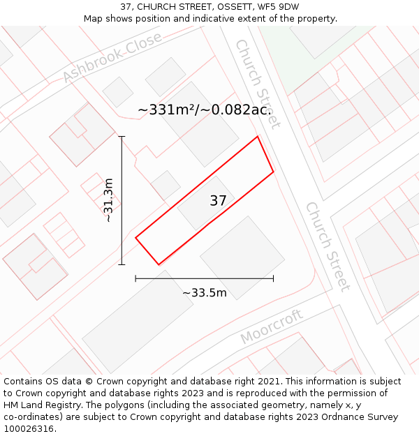 37, CHURCH STREET, OSSETT, WF5 9DW: Plot and title map