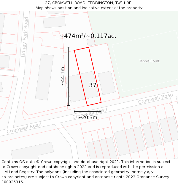 37, CROMWELL ROAD, TEDDINGTON, TW11 9EL: Plot and title map